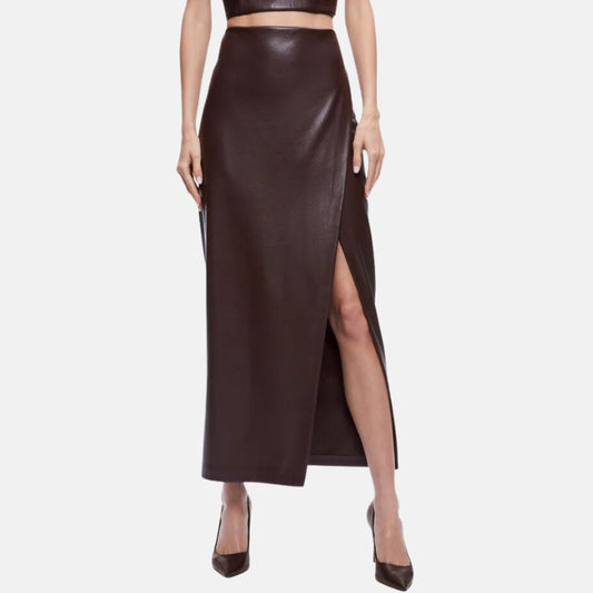 Women's Leather Asymmetrical Midi Skirt Dark Brown - OutfitLondon