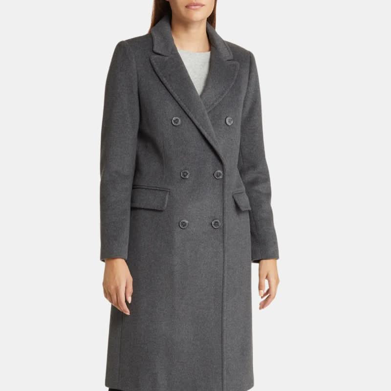 Women's Double Breasted Wool Long Coat Grey - OutfitLondon