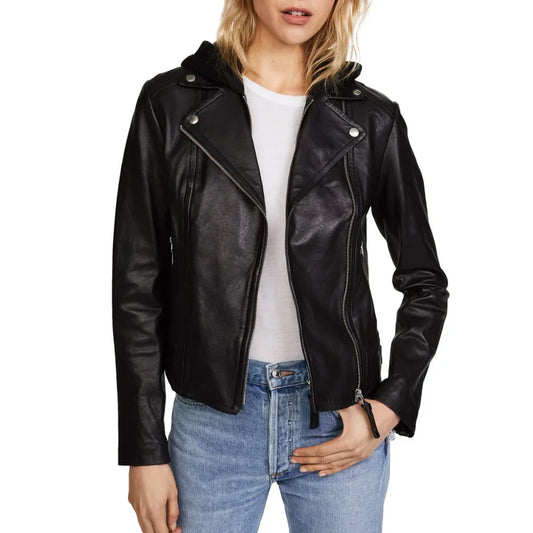 Women's Real Leather Biker Jacket Black - OutfitLondon