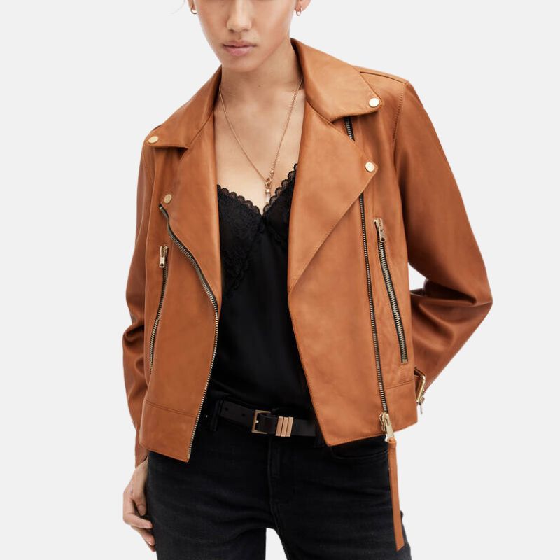 Women's Leather Biker Jacket Asymmetrical Mustard Brown - OutfitLondon