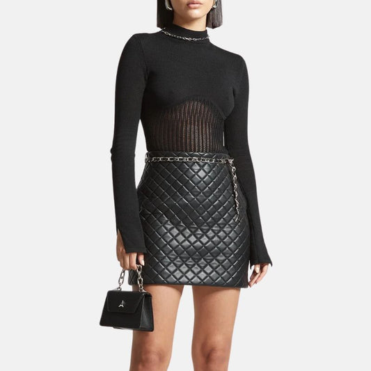 Women's Leather Mini Skirt Quilted Black - OutfitLondon