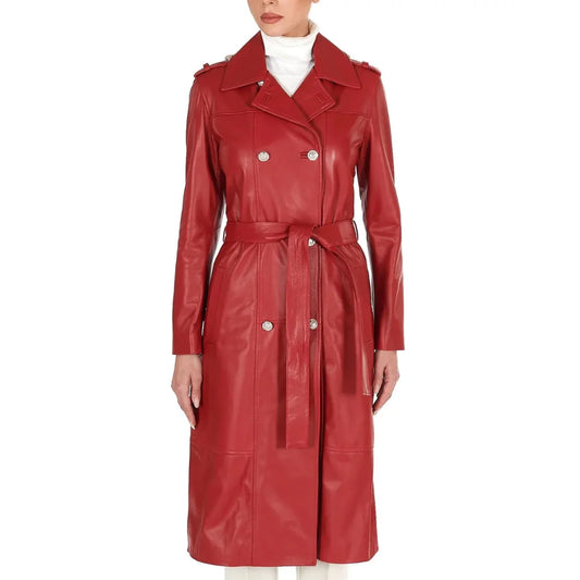 Women's Double Breasted Long Leather Coat Red - OutfitLondon