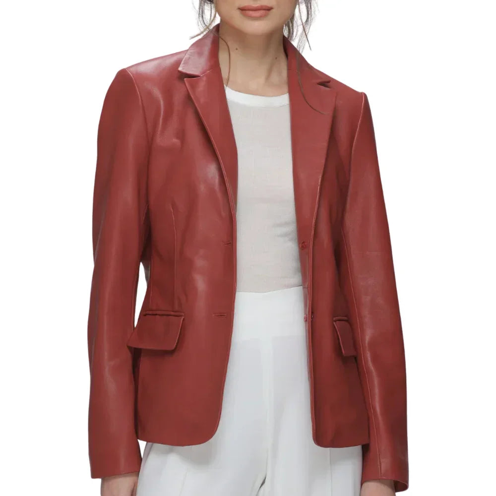 Women's Red Leather Blazer Notch Lapel - OutfitLondon