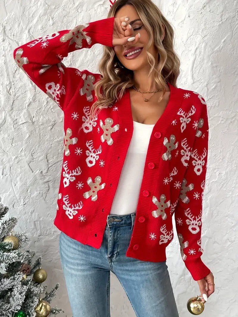 Festive Winter V-Neck Sweater for Women - OutfitLondon