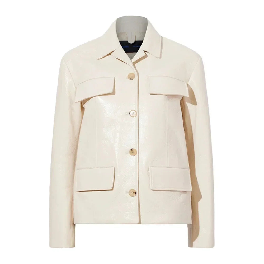 Women's Leather Jacket Off White Shirt Collar Style - OutfitLondon