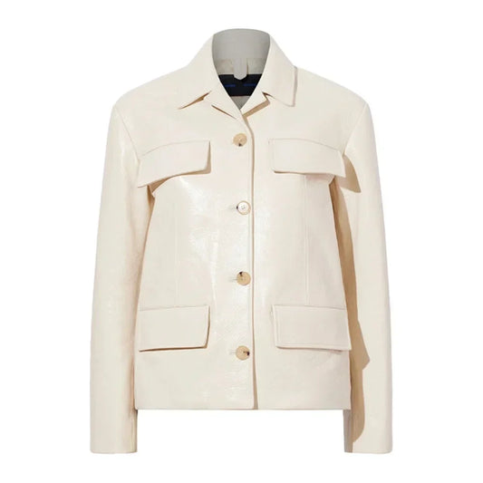 Women's Leather Jacket Off White Shirt Collar Style - OutfitLondon