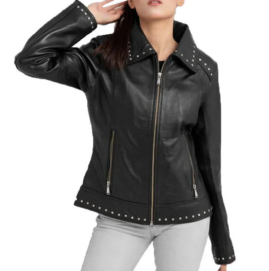 Women's Black Leather Studded Jacket - OutfitLondon