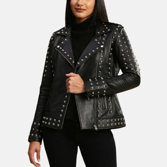 Women's Studded Leather Motorcycle Jacket Black - OutfitLondon