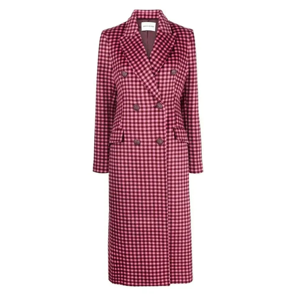 Women's Wool Long Coat Pink Plaid - OutfitLondon