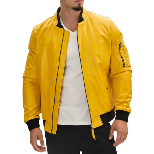 Men's Lambskin Leather Bomber Jacket Yellow Zip Front Ribbed Cuffs - OutfitLondon